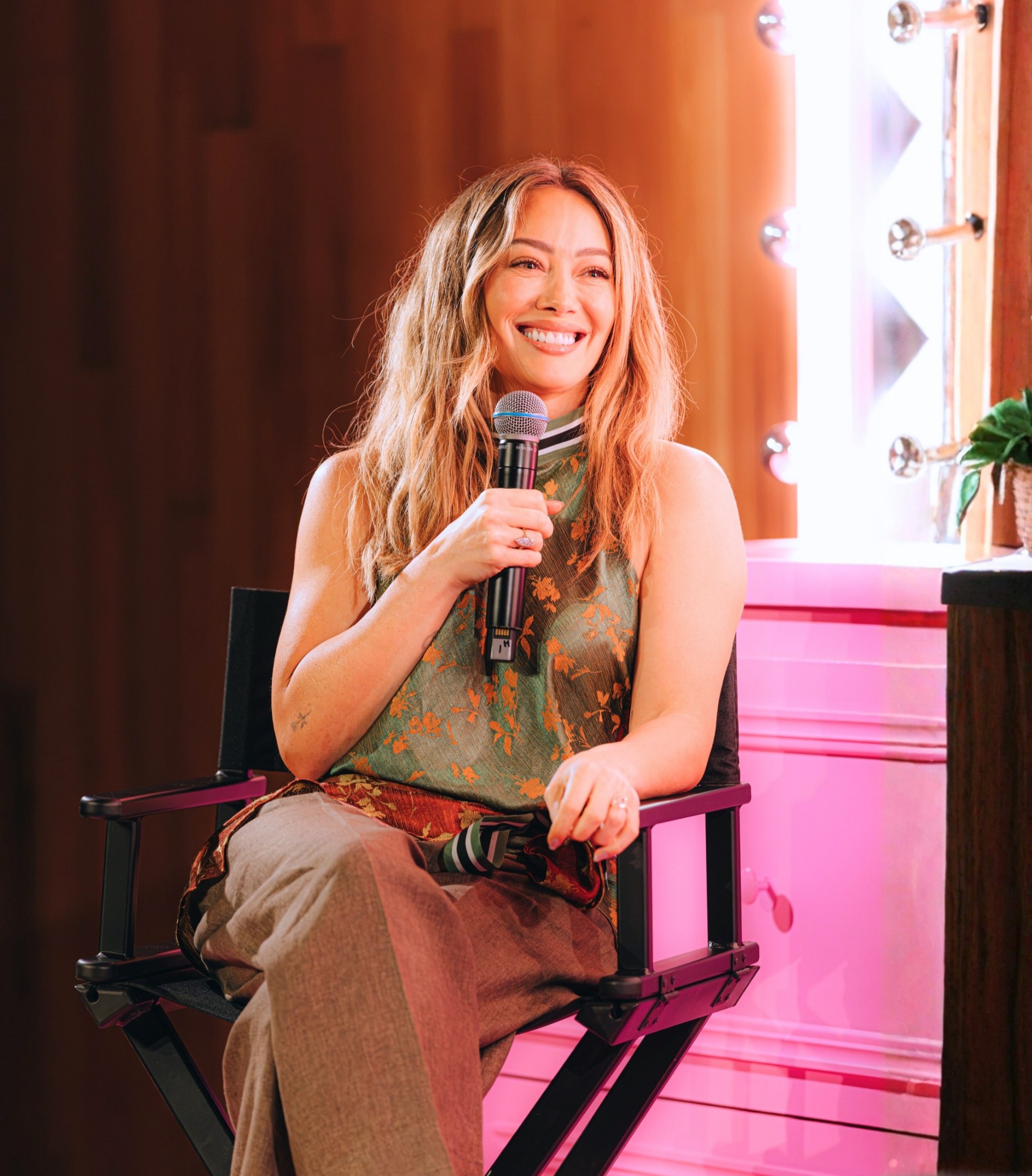 Hilary Duff Light Green Brown Print Wrap Top in Melbourne Australia for Spotify's "In Conversation with Hilary Duff"