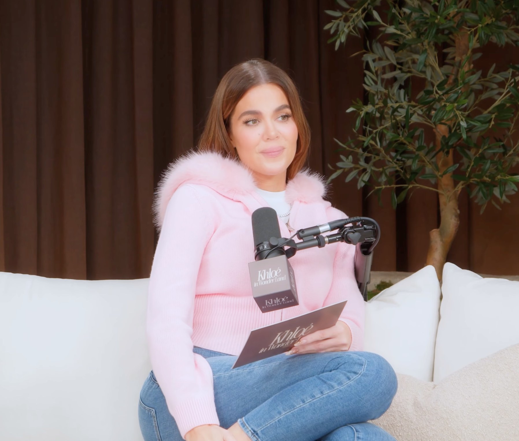 Khloe Kardashian Baby Pink Cardigan with Faux Fur Trim on Khloe in Wonder Land