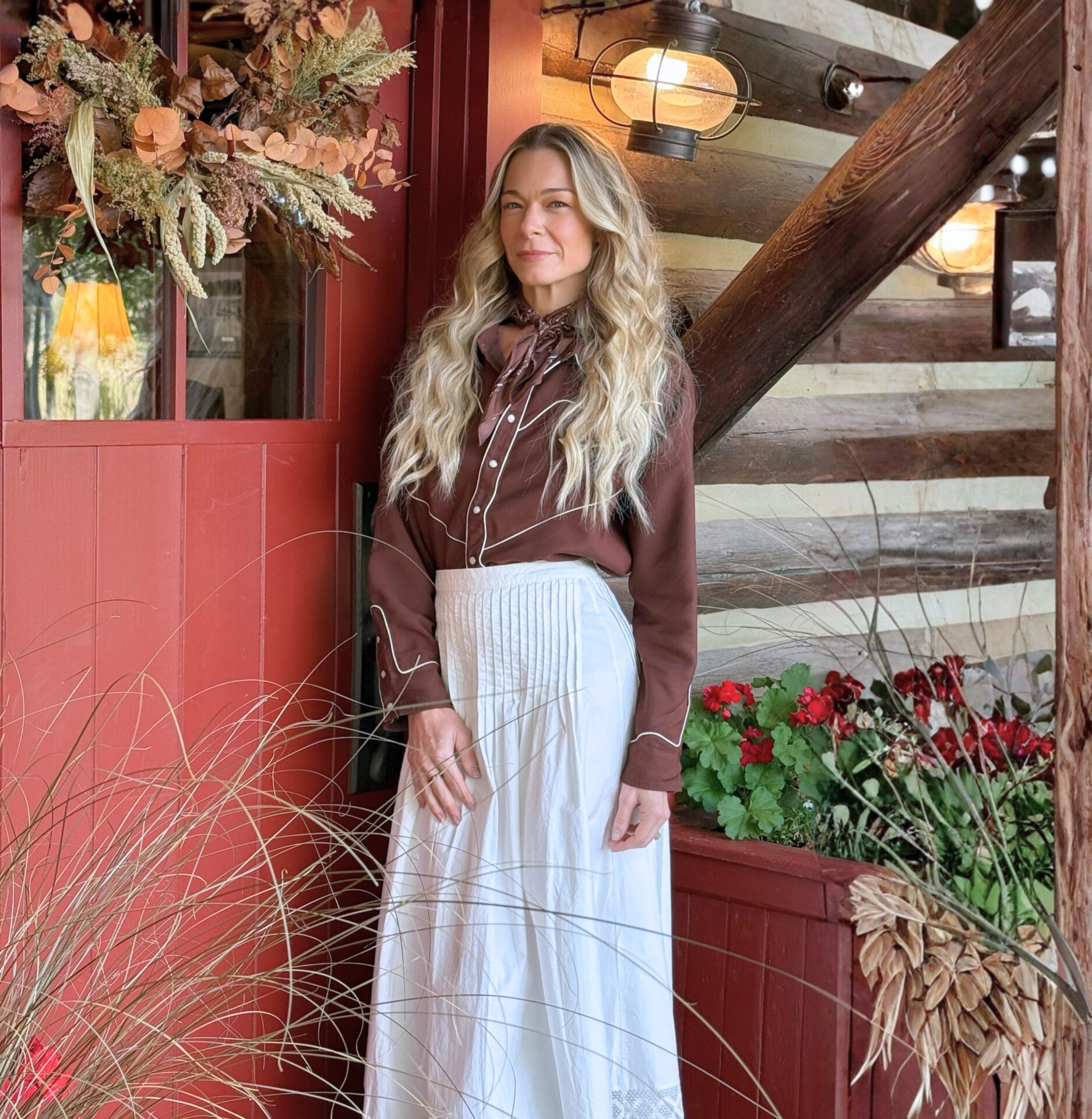 LeAnn Rimes Brown Western Shirt and White Victorian Skirt