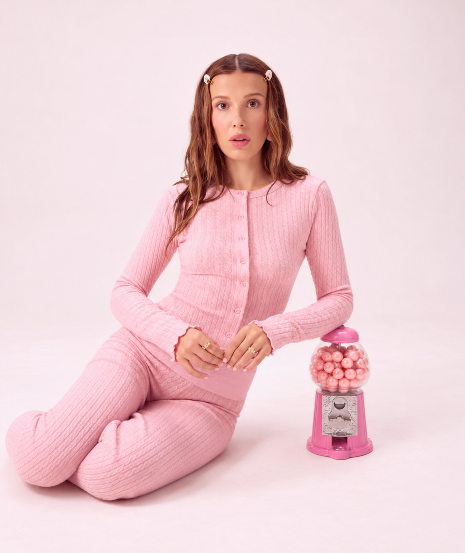 Millie Bobby Brown Pink Cable Knit Cardigan and Pants - Florence by Mills Fall 2026 Collection