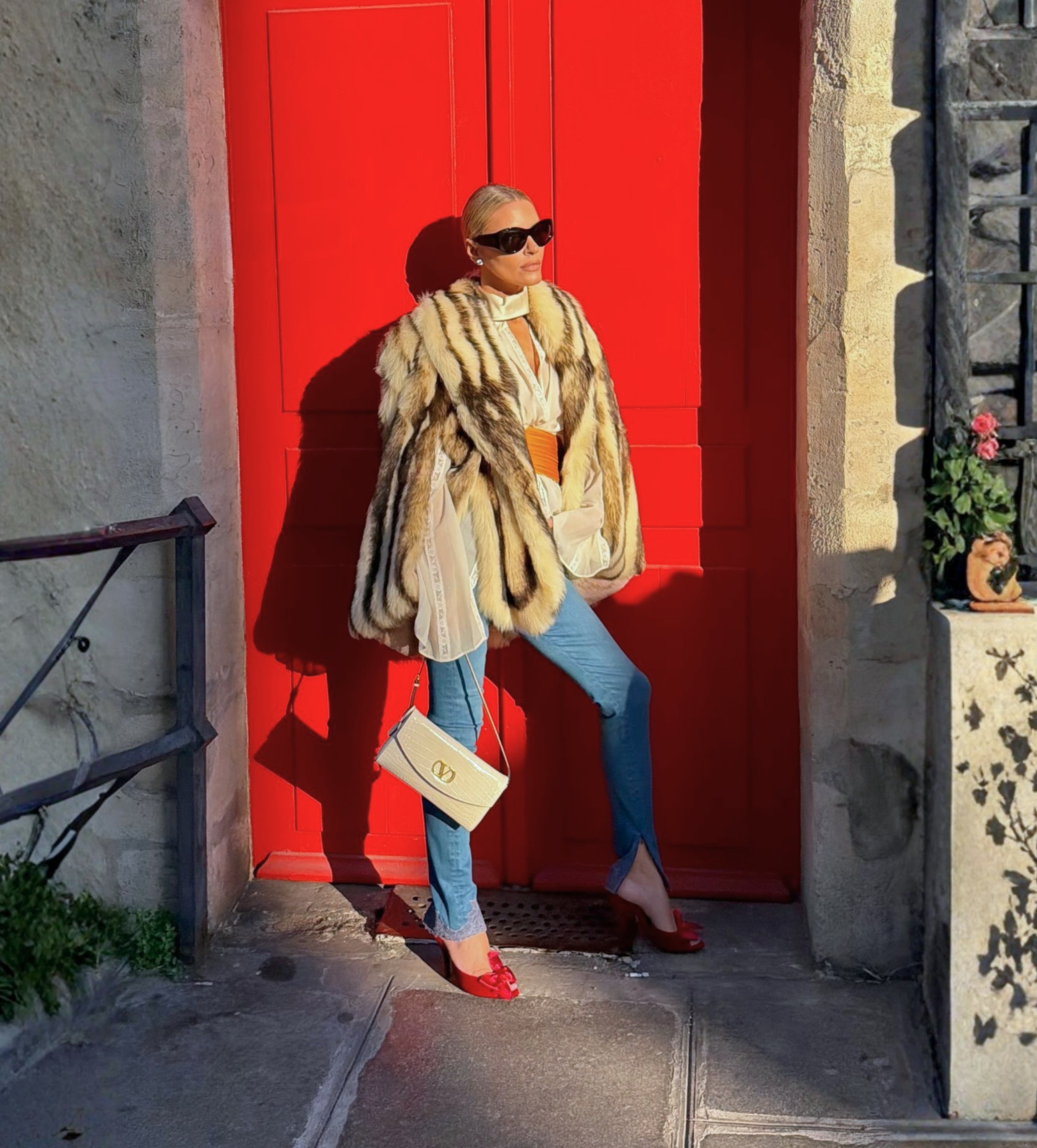 Morgan Stewart Beige Black Oversized Fur Stripe Coat
