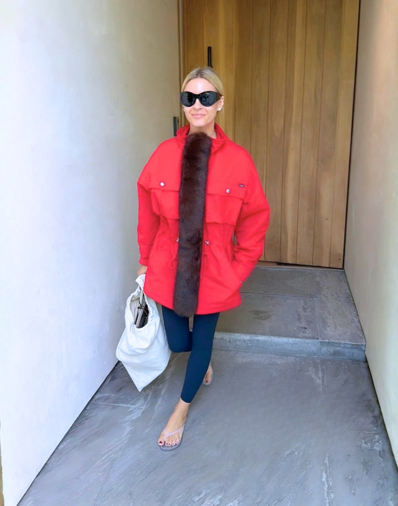 Morgan Stewart Red Shearling Trimmed Jacket