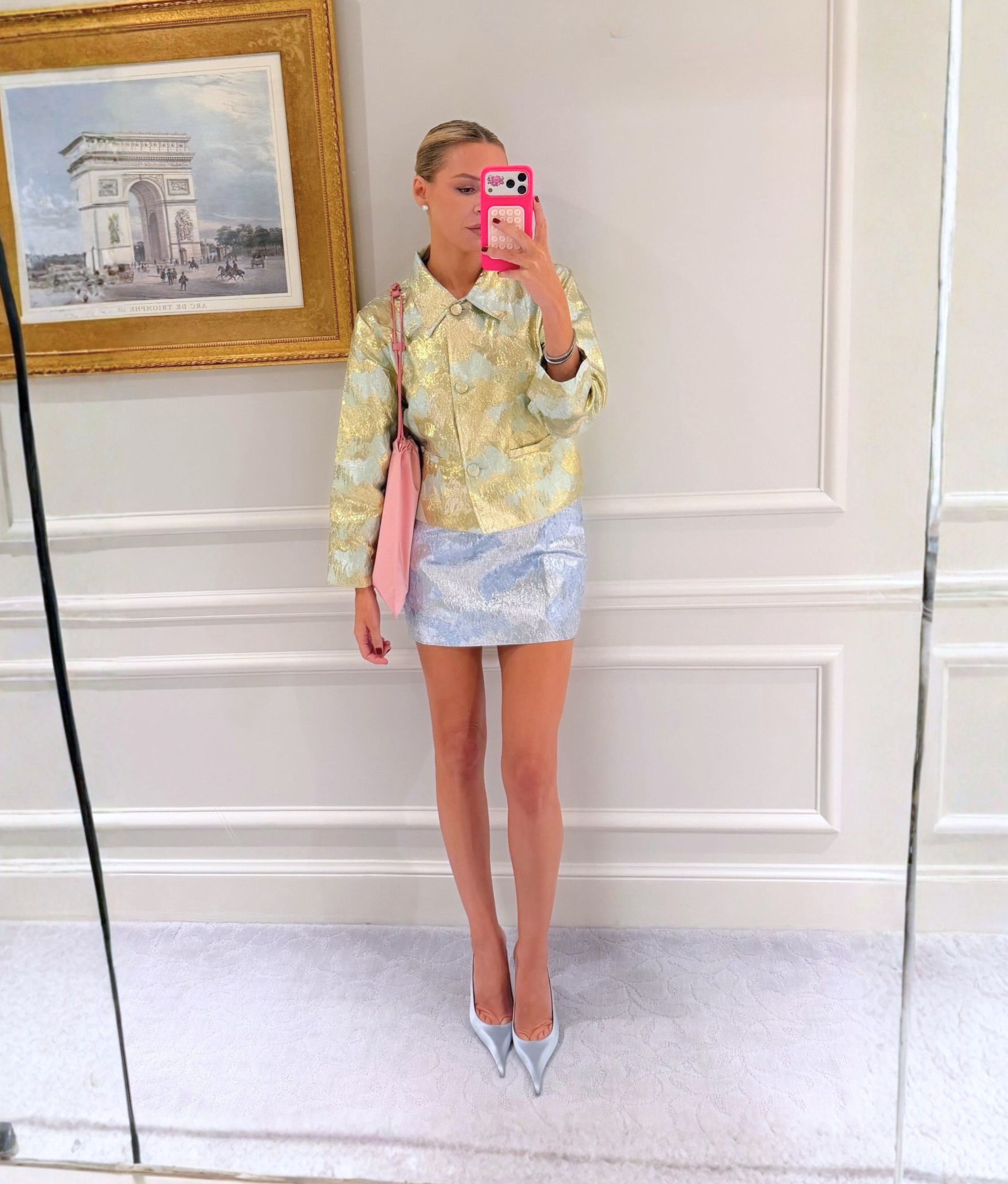 Morgan Stewart Yellow Floral Metallic Jacket and Blue Floral Metallic Skirt